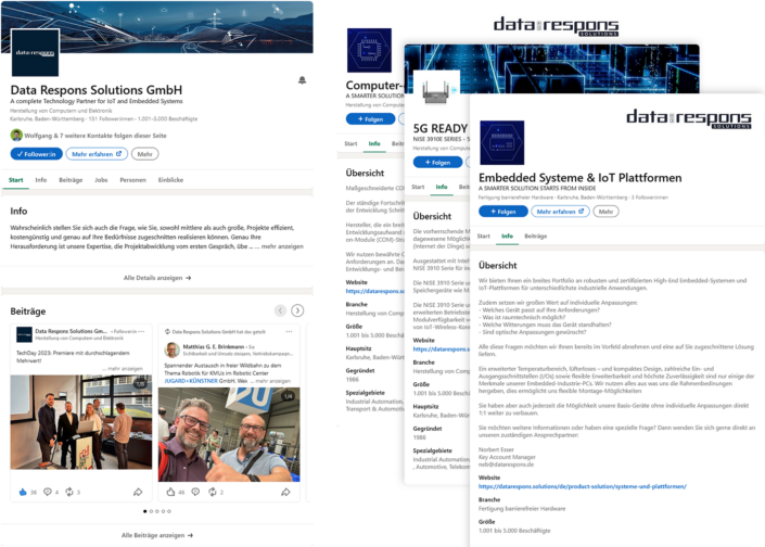 Design-Anpassung des LinkedIn Hauptprofils und Aufbau verschiedener Fokusseiten inklusive Befüllung und regelmäßigen Posts