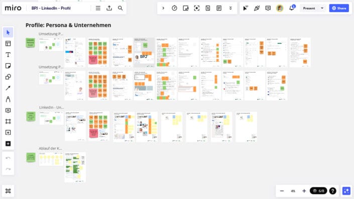 Miro project status, persona and company for the development of the LinkedIn profile