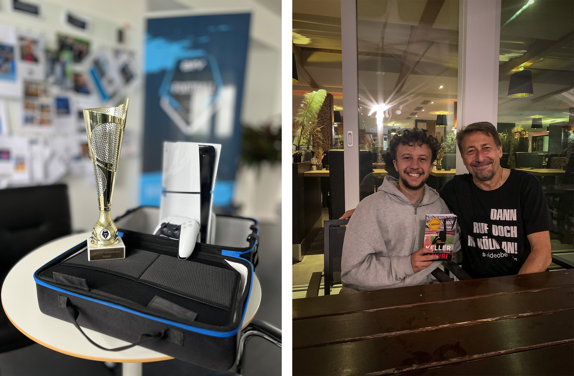 A trophy and a Playstation 5 are displayed on a table in an office.