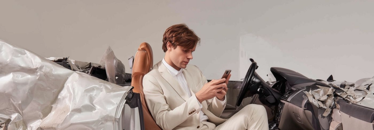 Junger Geschäftsmann sitzt in einem stark beschädigten Auto und blickt auf sein Smartphone, während das Fahrzeug um ihn herum völlig zerstört ist. Das Bild symbolisiert Unternehmen, die trotz sinkender Anfragen und drohender Marktprobleme nicht aktiv handeln.